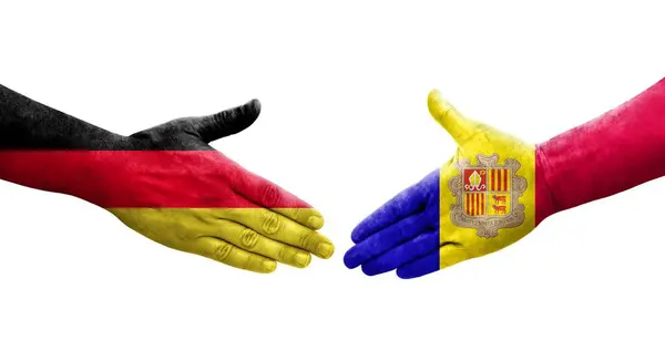 Apretón Manos Entre Andorra Alemania Banderas Pintadas Las Manos Imagen — Foto de Stock