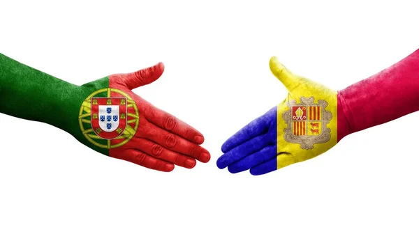 Händedruck Zwischen Den Flaggen Andorras Und Portugals Auf Die Hände — Stockfoto