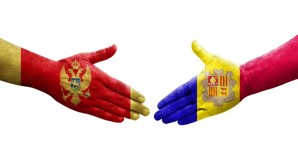 Handdruk Tussen Andorra Montenegro Vlaggen Geschilderd Handen Geïsoleerde Transparante Afbeelding — Stockfoto