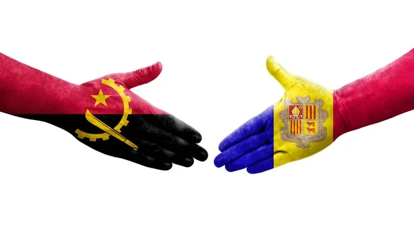 Handdruk Tussen Andorra Angola Vlaggen Geschilderd Handen Geïsoleerde Transparante Afbeelding — Stockfoto