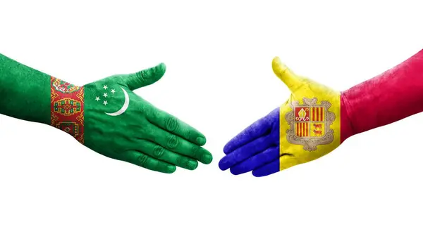 Apretón Manos Entre Andorra Turkmenistán Banderas Pintadas Las Manos Imagen —  Fotos de Stock