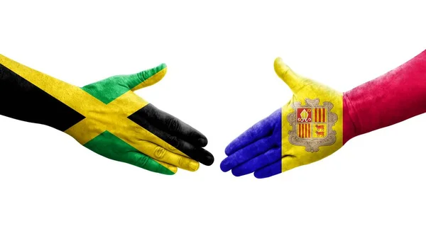 Uścisk Dłoni Między Flagami Andory Jamajki Namalowanymi Dłoniach Odizolowany Przezroczysty — Zdjęcie stockowe