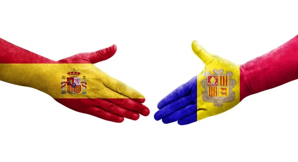 安道尔和西班牙之间的握手 手绘国旗 孤立透明的形象 — 图库照片