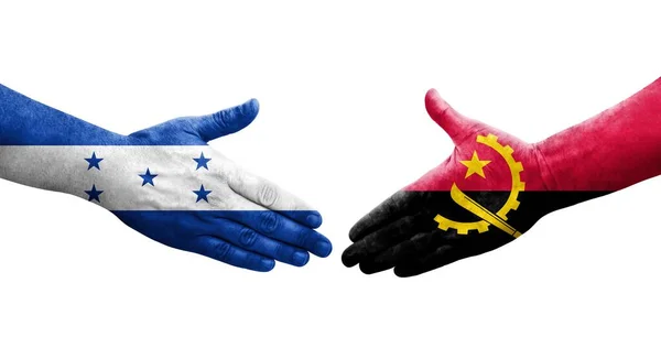 Handdruk Tussen Angola Honduras Vlaggen Geschilderd Handen Geïsoleerd Transparant Beeld — Stockfoto