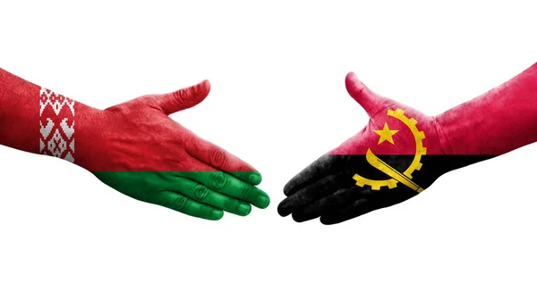 Stretta Mano Tra Angola Bielorussia Bandiere Dipinte Mani Isolata Immagine — Foto Stock