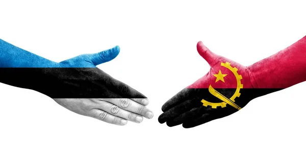 Handdruk Tussen Angola Estland Vlaggen Geschilderd Handen Geïsoleerd Transparant Beeld — Stockfoto