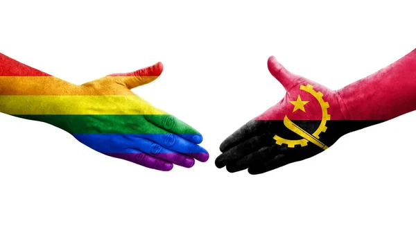 Handslag Mellan Angola Och Hbt Flaggor Målade Händer Isolerad Transparent — Stockfoto
