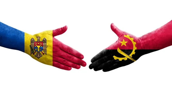 Apretón Manos Entre Angola Moldavia Banderas Pintadas Las Manos Imagen — Foto de Stock