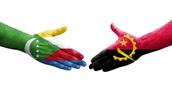 Χειραψία Μεταξύ Αγκόλα Και Κομορών Σημαίες Ζωγραφισμένα Στα Χέρια Απομονωμένη — Φωτογραφία Αρχείου
