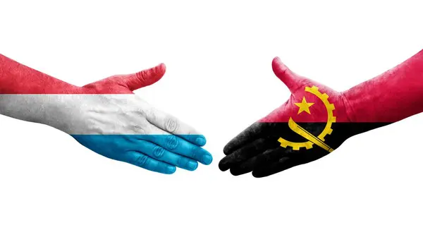 Aperto Mão Entre Angola Bandeiras Luxemburgo Pintadas Mãos Imagem Transparente — Fotografia de Stock