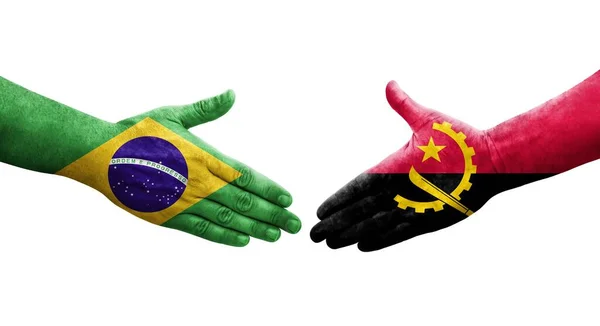 Apretón Manos Entre Angola Brasil Banderas Pintadas Las Manos Imagen —  Fotos de Stock