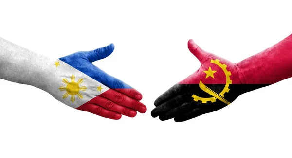 Рукопожатие Между Флагом Анголы Филиппин Нарисованное Руках Изолированное Прозрачное Изображение — стоковое фото