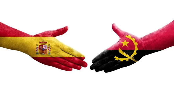 Handshake Angola Spain Flags Painted Hands Isolated Transparent Image — Stock Photo, Image