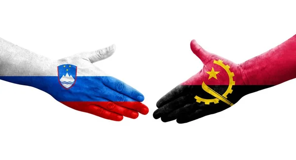 Handdruk Tussen Angola Slovenië Vlaggen Handen Geschilderd Geïsoleerd Transparant Beeld — Stockfoto