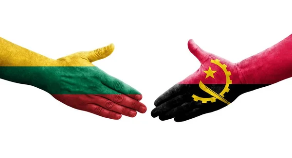 Uścisk Dłoni Między Angolą Litwą Flagi Malowane Rękach Odizolowany Przezroczysty — Zdjęcie stockowe