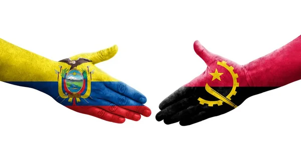 Handshake Angola Ecuador Flags Painted Hands Isolated Transparent Image — Stock Photo, Image
