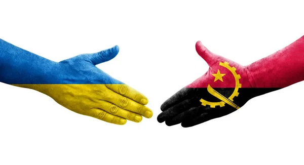 Handshake Entre Angola Ucrânia Bandeiras Pintadas Mãos Imagem Transparente Isolada — Fotografia de Stock
