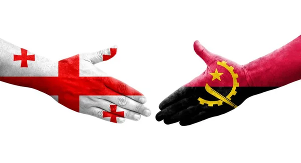 Handslag Mellan Angola Och Georgien Flaggor Målade Händer Isolerad Transparent — Stockfoto