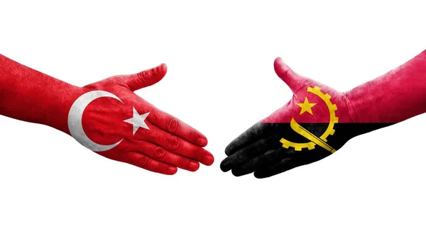 Handshake Entre Angola Turquia Bandeiras Pintadas Mãos Imagem Transparente Isolada — Fotografia de Stock