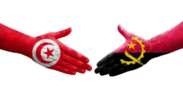 Handshake Angola Tunisia Flags Painted Hands Isolated Transparent Image — Stock Photo, Image