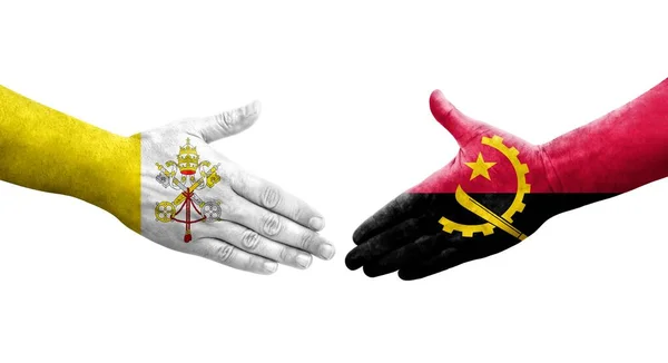 Kézfogás Között Angola Szentszék Zászlók Festett Kézen Elszigetelt Átlátszó Kép — Stock Fotó