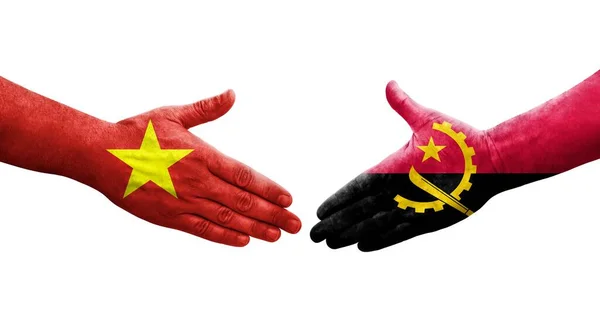 Handdruk Tussen Angola Vietnam Vlaggen Geschilderd Handen Geïsoleerd Transparant Beeld — Stockfoto