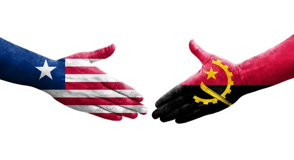 Handdruk Tussen Angola Liberia Vlaggen Geschilderd Handen Geïsoleerd Transparant Beeld — Stockfoto