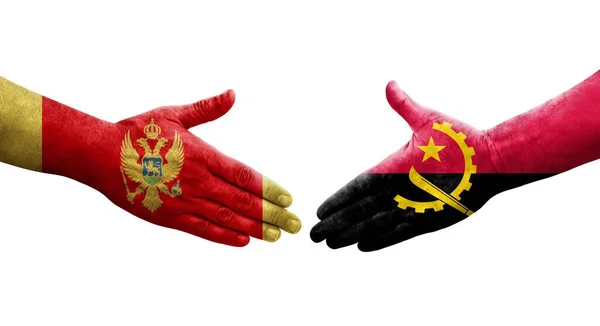 Aperto Mão Entre Angola Montenegro Bandeiras Pintadas Mãos Imagem Transparente — Fotografia de Stock