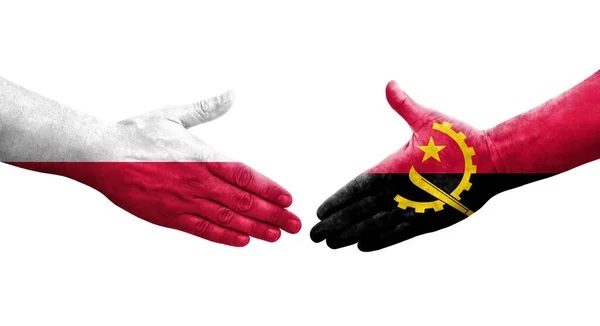 Handslag Mellan Angola Och Polen Flaggor Målade Händer Isolerad Transparent — Stockfoto