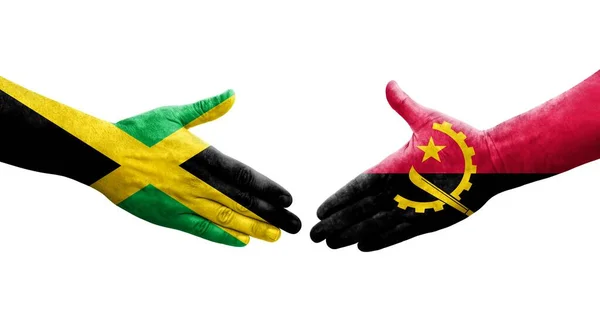 Kézfogás Angola Jamaica Zászlók Festett Kézen Elszigetelt Átlátszó Kép — Stock Fotó