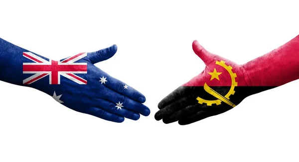 Apretón Manos Entre Angola Australia Banderas Pintadas Las Manos Imagen — Foto de Stock