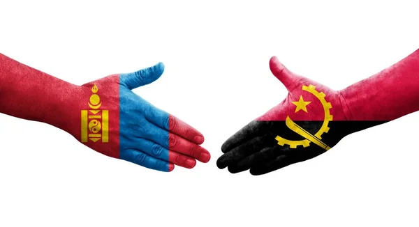 Handdruk Tussen Angola Mongolië Vlaggen Geschilderd Handen Geïsoleerd Transparant Beeld — Stockfoto