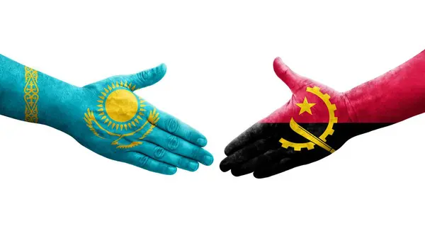 Aperto Mão Entre Angola Cazaquistão Bandeiras Pintadas Mãos Imagem Transparente — Fotografia de Stock
