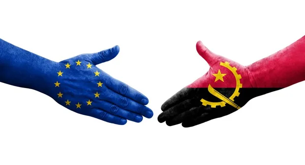 Apretón Manos Entre Angola Banderas Unión Europea Pintadas Las Manos — Foto de Stock