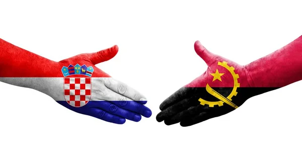 Händedruck Zwischen Angolanischen Und Kroatischen Flaggen Auf Hände Gemaltes Isoliertes — Stockfoto