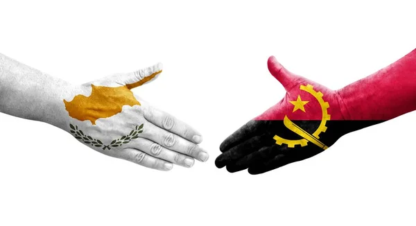 Handslag Mellan Angola Och Cypern Flaggor Målade Händer Isolerad Transparent — Stockfoto