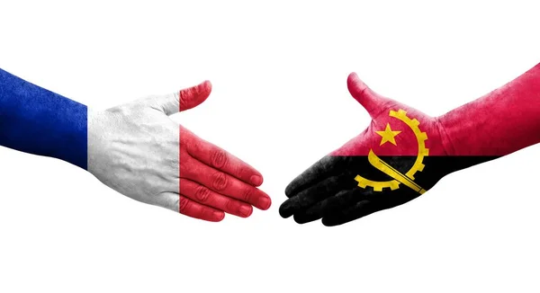 安哥拉和法国之间的握手手绘国旗 孤立透明的形象 — 图库照片
