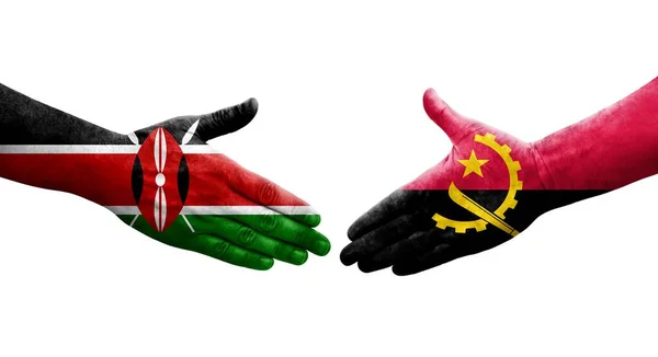 Χειραψία Μεταξύ Αγκόλα Και Κένυα Σημαίες Ζωγραφισμένα Στα Χέρια Απομονωμένη — Φωτογραφία Αρχείου