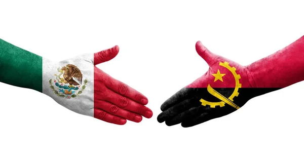 Apretón Manos Entre Angola México Banderas Pintadas Las Manos Imagen — Foto de Stock