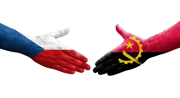 Aperto Mão Entre Angola Checoslováquia Bandeiras Pintadas Mãos Imagem Transparente — Fotografia de Stock