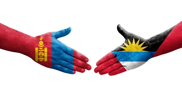 Рукопожатие Между Антигуа Барбудой Флагом Монголии Нарисованное Руках Изолированное Прозрачное — стоковое фото