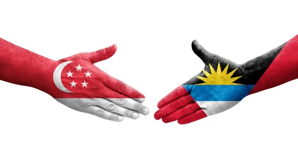 Handshake Antigua Barbuda Singapore Flags Painted Hands Isolated Transparent Image — Stock Photo, Image