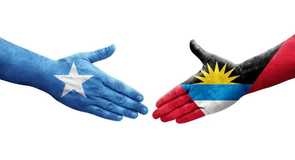 Handshake Antigua Barbuda Somalia Flags Painted Hands Isolated Transparent Image — Stock Photo, Image