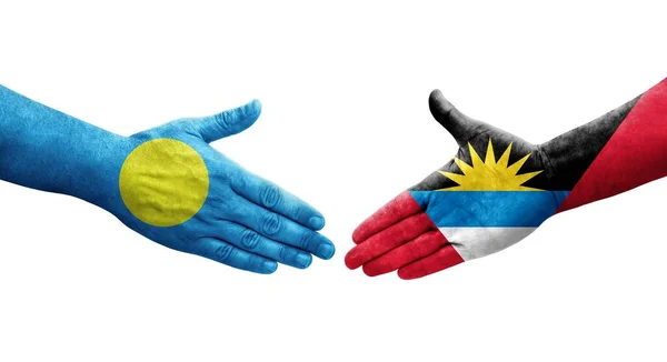 Handshake Antigua Barbuda Palau Flags Painted Hands Isolated Transparent Image — Stock Photo, Image