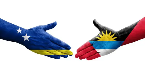 Handshake Antigua Barbuda Curacao Flags Painted Hands Isolated Transparent Image — Stock Photo, Image