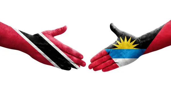 Handshake Antigua Barbuda Trinidad Tobago Flags Painted Hands Isolated Transparent — Stock Photo, Image