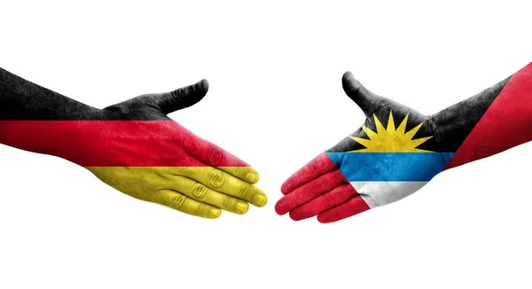 Рукопожатие Между Антигуа Барбудой Германией Нарисованными Руках Флагами Изолированное Прозрачное — стоковое фото