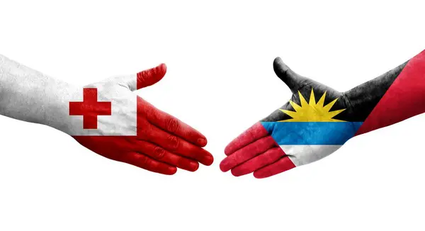 Handshake Antigua Barbuda Tonga Flags Painted Hands Isolated Transparent Image — Stock Photo, Image