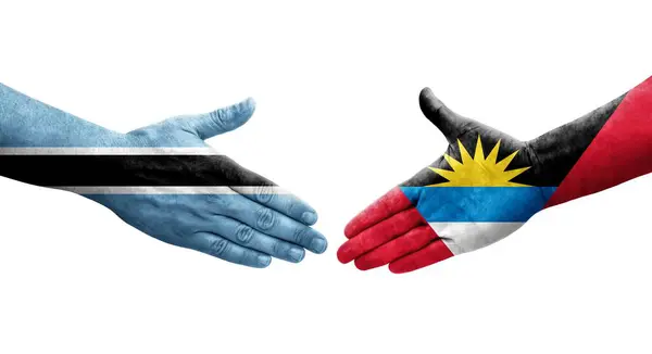 Handshake Antigua Barbuda Botswana Flags Painted Hands Isolated Transparent Image — Stock Photo, Image