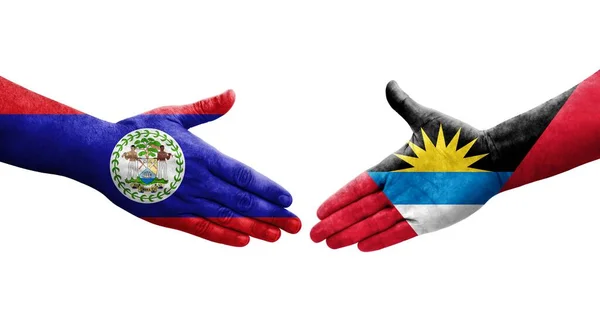 Handdruk Tussen Antigua Barbuda Belize Vlaggen Geschilderd Handen Geïsoleerd Transparant — Stockfoto